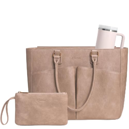 Laptop Tote Bag for Women, Leather Work Tote with Padded Laptop Compartment, Cup Holder, Office Computer Briefcase - color: Apricot, size: 15.6inch