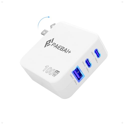 100W USB C Charger Block, 3 Port GaN Foldable Wall Fast Charger | for MacBook Pro, MacBook Air, Dell XPS, iPhone 17 16 Series, Samsung Galaxy, iPad Pro and All USB-C Devices - color: White