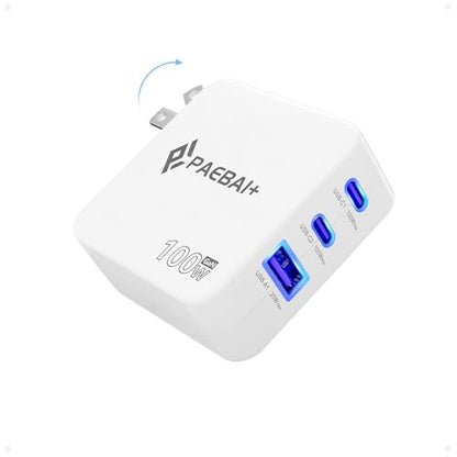 100W USB C Charger Block, 3 Port GaN Foldable Wall Fast Charger | for MacBook Pro, MacBook Air, Dell XPS, iPhone 17 16 Series, Samsung Galaxy, iPad Pro and All USB-C Devices - color: White
