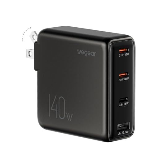 140W USB-C Charger for Laptop, wegear Slim 4-Port PD 3.1 GaN Fast Charging Block with Foldable Plug, Type‑C Wall Charger Power Adapter for MacBook Air/Pro, iPad, iPhone 17/16 Series,Galaxy S25 (Black) - color: Black
