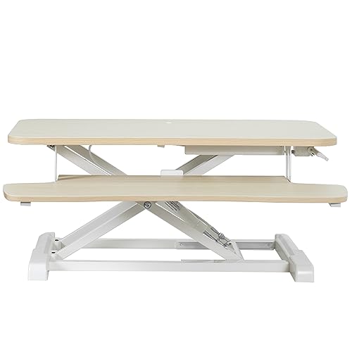 VIVO Light Wood 28 inch Standing Desk Converter, DESK-V028KF | Height Adjustable, Stand Up Desk Riser, Wide Keyboard Tray, Dual Monitor and Laptop Workstation, White Frame, K Series - color: Light Wood, size: 28"