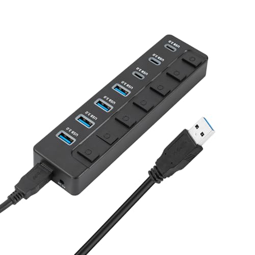 7 Port USB3.0 Adapter with 3 Type C and Individual Switches 5Gbps Fast Data Transfer Expansion Dock for Laptops PC