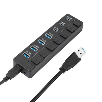 7 Port USB3.0 Adapter with 3 Type C and Individual Switches 5Gbps Fast Data Transfer Expansion Dock for Laptops PC