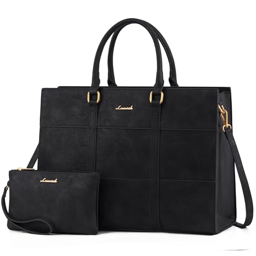 LOVEVOOK Laptop Bag for Women 15.6 Inch Laptop Tote Bag Vintage Leather Work Bags for Women Professional Computer bag | Two-piece set - color: Black, size: 15.6 inch