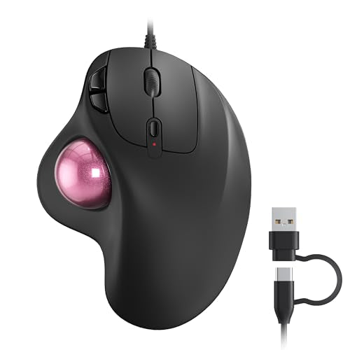 Nulea M509 Wired Trackball Mouse Ergonomic Thumb Control Type C USB-Pink | Smooth tracking mouse with Type C & USB connection,5 DPI levels,6 buttons,compatible with PC Mac Windows - color: C-Pink