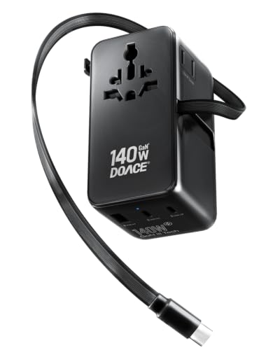 DOACE 140W GaN Universal Travel Adapter with USB-C Cable | 6-in-1 Design, USB-C PD Fast Charging, EU/UK/US/AU Plug Support, Worldwide Compatibility - color: Obsidian Black
