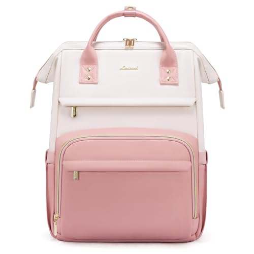 LOVEVOOK Leather Backpack for Women,18 inch Leather Laptop Backpack Women,Professional Work Backpack Nurse College Teacher Bag,Womens Laptop Tote Bag Computer Travel Backpack Purse,Beige White-Pink - color: Beige White - Pink, size: 18 Inch