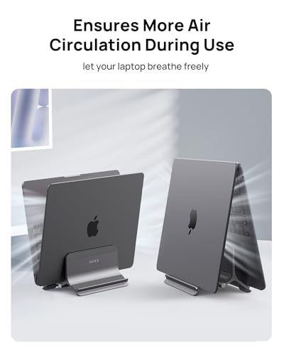 Vertical Laptop Stand for Desk, Aluminum Laptop Holder Compatible with MacBook Pro, MacBook Air Stand Up to 17 inch, Gravity Auto-Lock Cooling, 3in1 Space Saving Desk Organizer Accessories, Gray - color: Gray