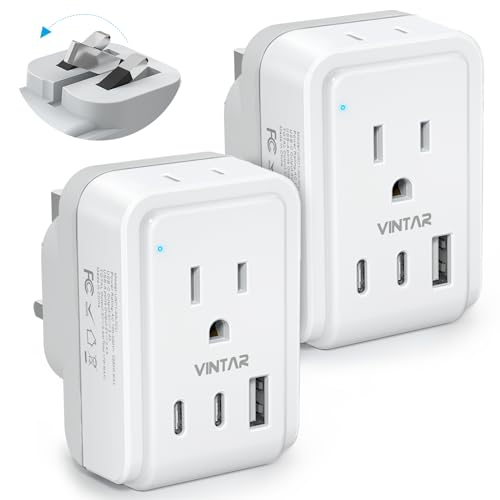 VINTAR 2 Pack Type G Adapter for Travel, 5 in 1 Foldable UK Power Adaptor | 2 Outlets and 3 USB Ports(2 USB-C), Ireland Plug Adapter, Travel Essentials for UK Ireland Scotland England Dubai London - style: Type G - UK Ireland