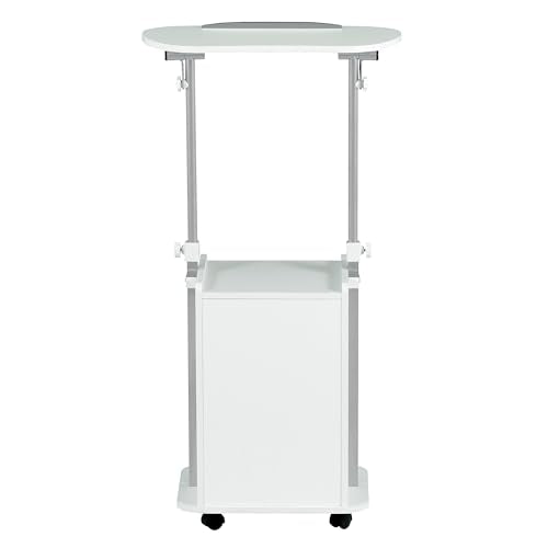 Techni Mobili Adjustable Laptop Cart w/Storage, Rolling Mobile Desk, White | Adjustable laptop cart with storage cabinet, shelf, locking wheels, sit‑stand height for home office, bedside, classroom - color: White