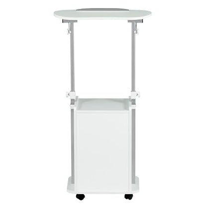 Techni Mobili Adjustable Laptop Cart w/Storage, Rolling Mobile Desk, White | Adjustable laptop cart with storage cabinet, shelf, locking wheels, sit‑stand height for home office, bedside, classroom - color: White