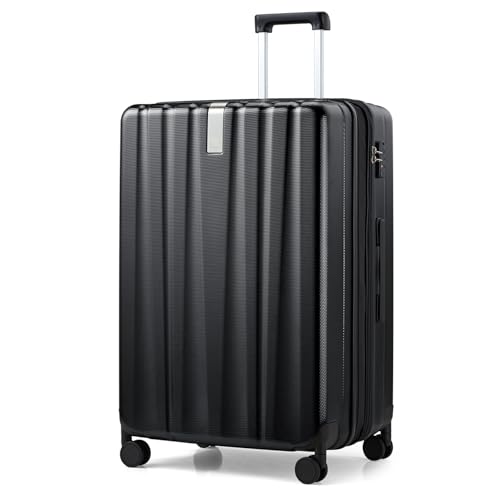 Hanke 29 Inch Expandable Checked Luggage Lightweight PC Hard Shell Luggage Suitcases with Wheels Travel Luggage Rolling Large Suitcase Travel Luggage Bag for Study Abroad.(Jet Black) - color: Jet Black, size: Expandable 29 Inch