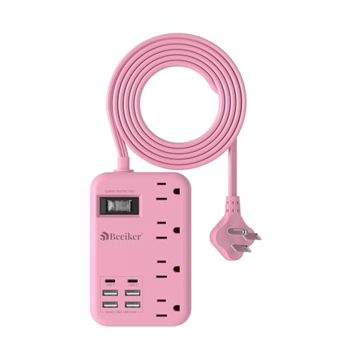 6 USB (2 USB C) Pink Extension Cord,5 Feet Travel Power Strip,4 Outlets | 6 USB,24W USB Charging Station,Travel Power Strip,Pink Desk Accessories, Surge Protector,Cute Kawaii Gifts College Dorm,5 Ft - size: Pink-24W USB-5ft-980J