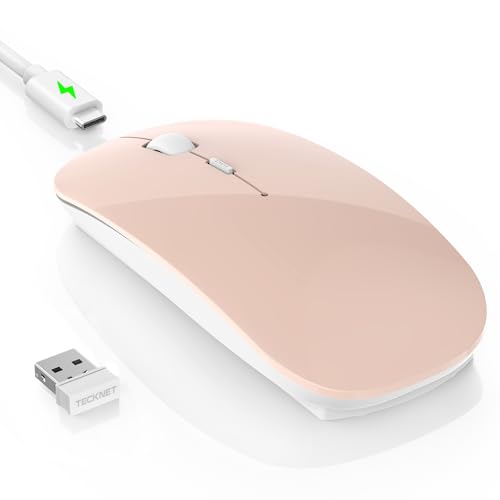 TECKNET Bluetooth Wireless Mouse, Rechargeable Silent Portable Computer Mouse, 6 Adjustable DPI, Dual Mode (Bluetooth 5.2/3.0 and 2.4G USB Receiver) for Laptop, iPad, MacBook, PC, Desktop, Android - color: pink
