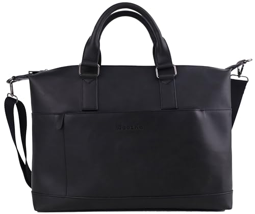 Laptop Bag Vegan Leather Messenger Shoulder Bag - 15.6" Laptop Briefcase with Luggage Strap - Cross Body (Black)