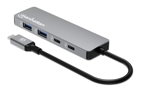 Manhattan USB-C Hub for Keyboards, Mouse, and USB Flash Drives, 4 Ports, 2 USB-A & 2 USB-C, Space Gray, Plug and Play, 10 Gbps, Aluminum
