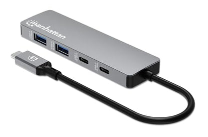 Manhattan USB-C Hub for Keyboards, Mouse, and USB Flash Drives, 4 Ports, 2 USB-A & 2 USB-C, Space Gray, Plug and Play, 10 Gbps, Aluminum