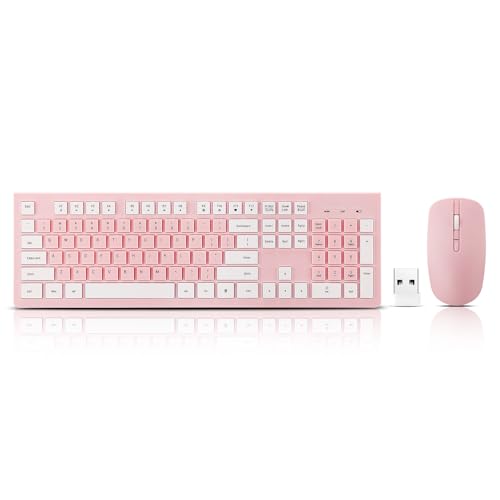 Wireless Silent Keyboard and Mouse Combo, Ultra-Slim Sleek Design Full-Sized Wireless Keyboard and Adjustable DPI Mouse, 2.4GHz USB Receiver for PC, Windows, MAC, Desktop, Laptop (Pink)