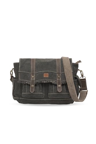 Easton Crossbody Messenger Bag | Denim Canvas Laptop Bag with Leather Accents | Multi Pocket Shoulder Bag - color: Charcoal