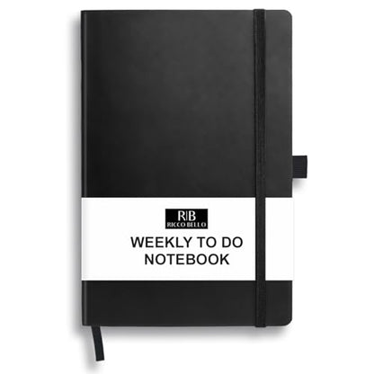 RICCO BELLO Undated Weekly Planner To Do Notebook, Black, 5.7 x 8.4" | Faux Leather Hardcover, Pen Holder, Bookmark & Band Closure, Storage Pocket, For Work, School, Home - color: Black