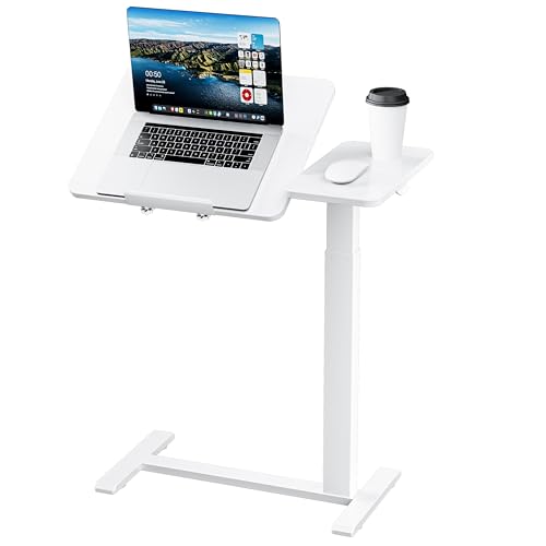 Ywin Medical Overbed Table with Wheels, Lift 27-43in, White | Steel frame & wood top, 0-60° tilt, rolling casters, 66lb load, pneumatic adjustable height for Bed/hospital/couch/office - color: White-1, size: 27.6" x 15.8"