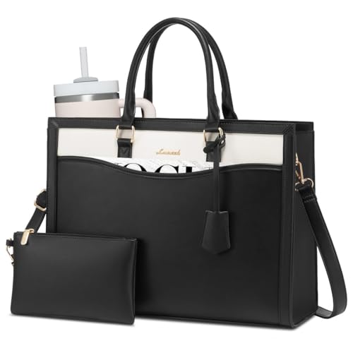 LOVEVOOK Laptop Tote Bag for Women, Leather Office Work Bag Briefcase fit for 15.6 inch Laptop, Large Teacher Computer Bag Handbag,2pcs Set Leather/Black-White | PU Leather Business Briefcase Teacher Travel College Bag Handbag fit for 15.6 inch Laptop, Of