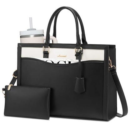 LOVEVOOK Laptop Tote Bag for Women, Leather Office Work Bag Briefcase fit for 15.6 inch Laptop, Large Teacher Computer Bag Handbag,2pcs Set Leather/Black-White | PU Leather Business Briefcase Teacher Travel College Bag Handbag fit for 15.6 inch Laptop, Of