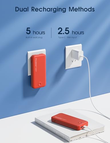 Nusyddy Portable Charger 10000mAh Fast Charging w/Built-in Wall Plug Red | PD20W Fast Charging, LED Indicator, Pass Through Charging, TSA Approved, Compact/Slim, Power Bank for iPhone/iPad/Samsung - color: Red