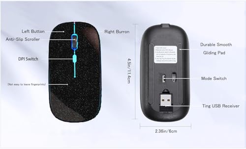 WREANU Wireless Bluetooth Mouse Rechargeable Laptop Mice with LED Lights Silent Slim Use(BT5.2 and 2.4G Portable USB Receiver)Dual Mode Computer Mouse for Laptop/iPad/Tablet/Apple/PC/Mac(Black Bright) - color: Black Bright