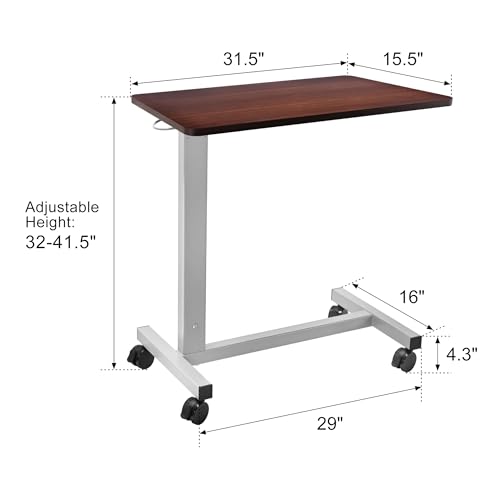 Hospital Bed Table on Wheels Over Bed Tray Adjustable Height | Heavy Duty with Capacity up to 70 lbs Bedside Rolling Tray Table - color: Walnut Brown