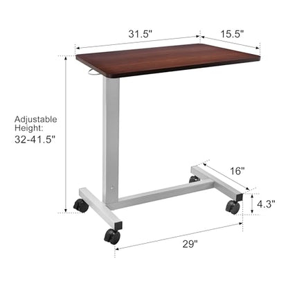 Hospital Bed Table on Wheels Over Bed Tray Adjustable Height | Heavy Duty with Capacity up to 70 lbs Bedside Rolling Tray Table - color: Walnut Brown
