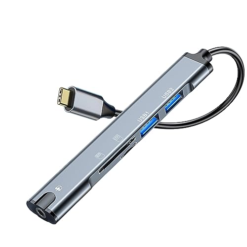 QIANRENON 5 in 1 USB C Multifunctional Docking Station Adapter Type C Male to Dual USB2.0 TRRS 3.5mm Audio TF/SD Card Reader Multi Port Hub Extender, for Tablet Laptop Phone TF/SD Memory Card