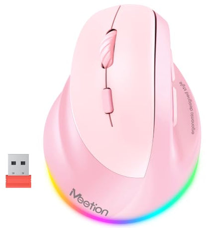 MEETION Left-Handed Wireless Ergonomic Vertical Mouse, Rechargeable - Pink | Dual Bluetooth 5.2/3.0 + USB, RGB lighting, 4 adjustable DPI, compatible with Windows, Mac, PC, iPad and tablets - color: Left Pink