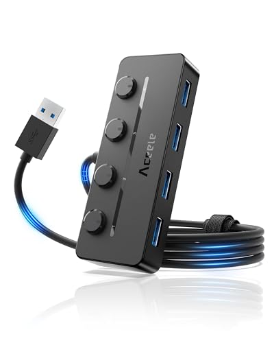 USB Hub 3.0 with Individual LED Power Switches & Type C Power Port, Multiport USB Splitter 3.0 with 4FT Long Cable, Slim & Portable USB Port Extender for Laptops, PC, MacBook, Mac Pro and More