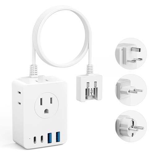 Kakyanill European Travel Plug Adapter, 5ft Detachable Extension Cord with Type C/G/E/F Plug Kit, 4 AC Outlets, 4 USB Ports (2 USB C), UK Germay France Greece Travel Plug Adapter - color: White