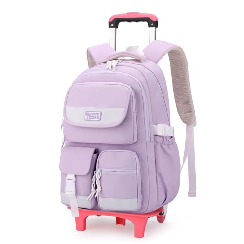 Solid Color Rolling Backpack for Girls Boys Cute Elementary school bag with wheels,Purple Trolley Bags for Travel - color: B-purple-2 Wheels, size: 2 Wheels