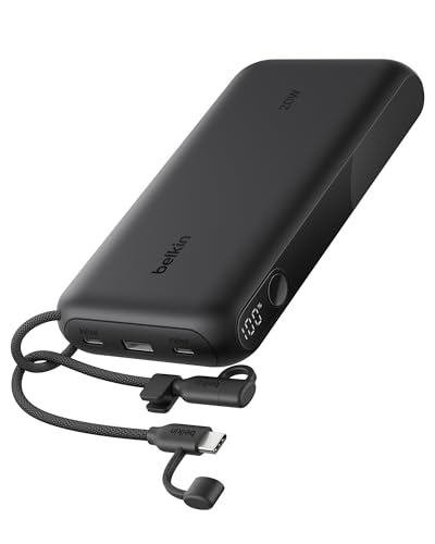 Belkin Portable Charger, USB-C Power Bank 20,000mAh w/ 2X USB-C Ports & 1x A Port, Digital Battery Display, 20W Charging for iPhone 17, Air, Pro, Samsung Galaxy S25, Pixel 10, iPad, & More - Black - color: Black, style: 20K mAh