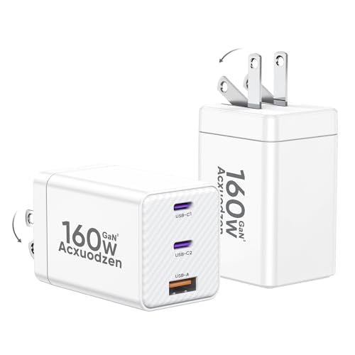 2 Pack USB C Charger Block 160W, 3-Port GaN Super Fast Charger, Dual 65W Type C Charging Block, Foldable QC3.0 Laptop Fast Charging for MacBook, iPhone, Samsung, Galaxy, iPad, Android, White