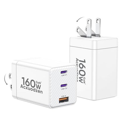 2 Pack USB C Charger Block 160W, 3-Port GaN Super Fast Charger, Dual 65W Type C Charging Block, Foldable QC3.0 Laptop Fast Charging for MacBook, iPhone, Samsung, Galaxy, iPad, Android, White