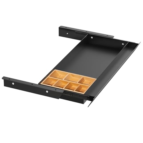 Large Under Desk Mounted Sliding Drawer with Bamboo Tray and 60 Degree Tilt Panel to Pull Out, 26'' Long & 13'' deep Large Storage Organizer for Sit Stand Workstation - color: With Bamboo Tray, size: XL