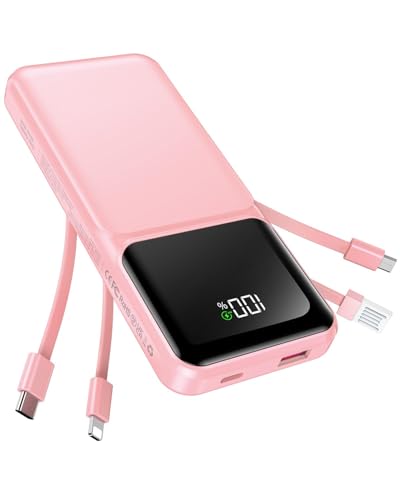 RONEGN Portable Charger with Built in Cable -20000mAh Fast Charging Power Bank USB C Slim 22.5W LED Display Battery Pack 5 Outputs & 3 Inputs for Travel Essentials iPhone Samsung Phones Pink - color: Pink