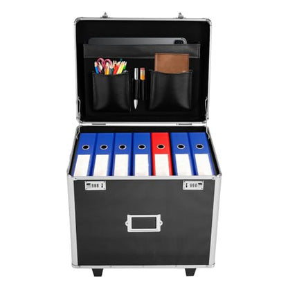 Portable Locking File Storage Box, Aluminum Alloy File Lock Box with Telescopic Handle, Mobile Busniness Case, File Cabinet for Office Home,Offices, Hospitals, Banks, 19.2x 15x 16 inches, Black