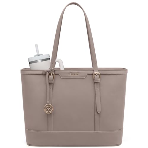 LOVEVOOK Laptop Bag for Women, 15.6 Inch Large Work Tote Bag with 40oz Cup Holder, Waterproof PU Leather Computer Briefcase for Teacher, Professional Business Shoulder Purse Taupe - color: Taupe, size: 15.6 inch