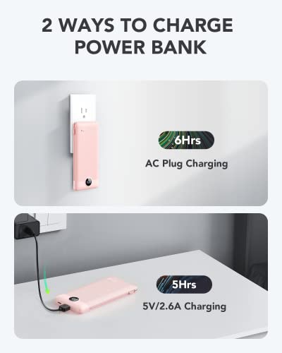 VRURC Portable Charger, Power Bank Built-in Cables and AC Wall Plug | USB C Power Bank 10000mAh Travel Essentials Phone Charger Compact External Battery Pack For Smart Phones, Tablets etc-Pink - color: Pink