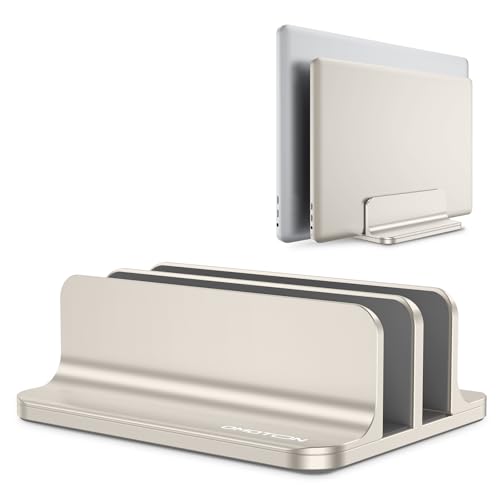 OMOTON Vertical Laptop Stand [Updated Double Version], Desktop Aluminum Mac Book Stand with Adjustable Dock Size, Fits All Mac Book, Surface, Chrome Book and Gaming Laptops (Up to 17.3") (Starlight) - color: Starlight