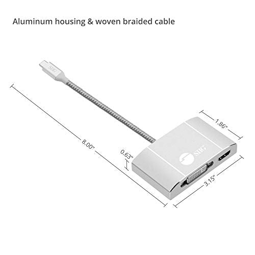 SIIG USB-C to HDMI, DVI and VGA Adapter with 60W PD, CB-TC0911-S1 | Connect a USB-C laptop to HDMI, DVI or VGA displays; 60W pass-through charging supports compact presentation setups.
