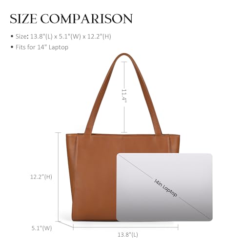 befen Genuine Leather Tote Bag for Women Work Travel Leather Purse Handbags | Real Leather, Padded 14" Laptop Compartment, Multi-Pockets, Zipper, Tote Bag for Daily - color: Cognac Brown