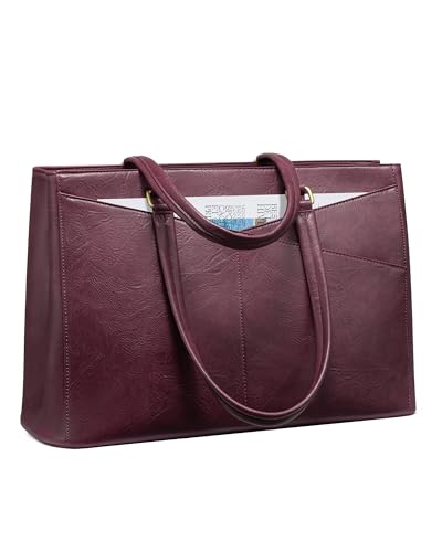 LOVEVOOK Laptop Bag for Women,15.6 Inch Laptop Tote Bag for Women,Vintage Leather Work Tote Bags Computer Teacher Bag,Waterproof Business Bag Office Briefcase - color: Claret Color, size: 15.6 inch