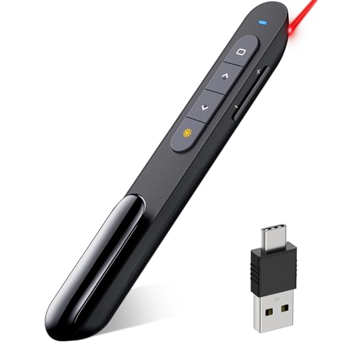 USB Type C Wireless Presenter Remote Presentation Clicker,Volume Control PowerPoint Clicker with Red Pointer Long Range PPT Slide Advancer for Mac Laptop PC Computer - color: Black