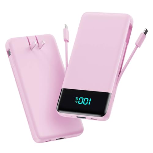 Portable Charger for iPhone,13800mAh Slim Power Bank with Built-in Cables & AC Wall Plug,All in One 4 Outputs USB C Fast Charging Battery Pack for iPhone 17/16/15/14,Android,Travel Essential (Pink) - color: Pink, size: 13800mAh